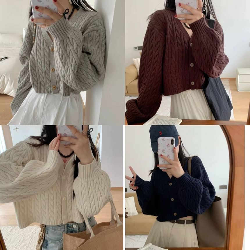 Seoulium - Lange mouwen effen kabelgebreide cropped cardigan