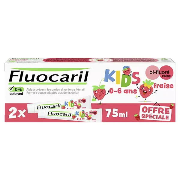 Fluocaril Kids 3-6 anos Creme dental em gel sabor morango, pacote com 2 unidades de 75ml