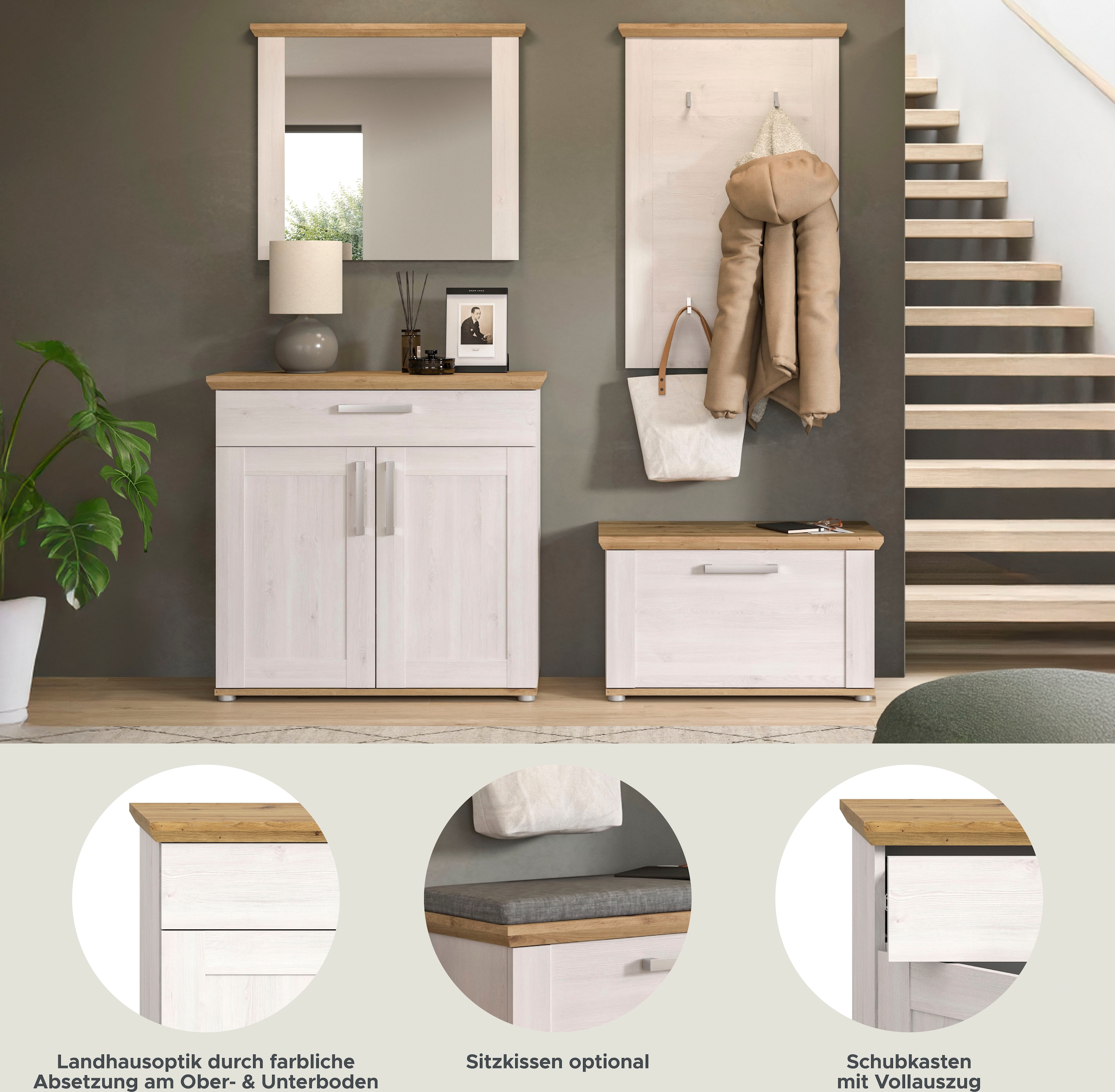 Home affaire Garderoben-Set »COSENZA, TOPSELLER!, Breite ca. 190 cm, 4-teilig, in Landhausoptik« bestehend aus: Sitzbank, Garderobenpaneel, Schuhschrank, Spiegel, 4 Stk. tlg.