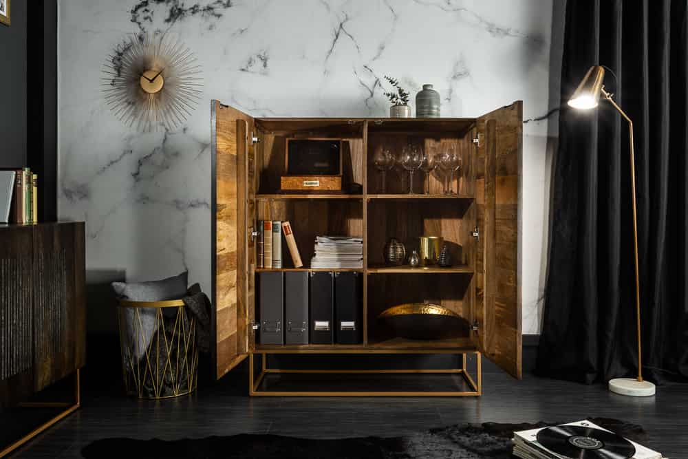 Massives Highboard ONYX 120cm dunkelbraun Mangoholz Edelstein Achat gold Metallgestell