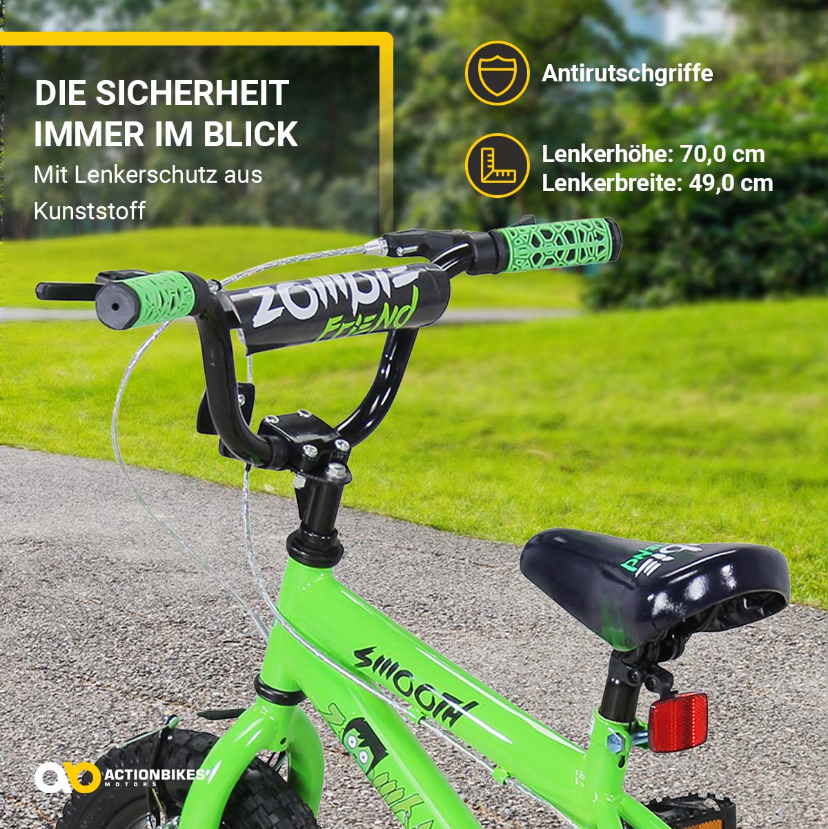 Actionbikes Kinderfahrrad Zombie 12 Zoll, V-Brake-Bremsen, höhenverstellbar, Stützräder, Reflektoren