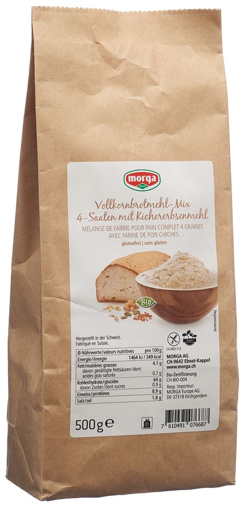 MORGA Vollkornbrot-Mehl-Mix 4-Saaten mit Kichererbsen glutenfrei Bio Btl 500 g