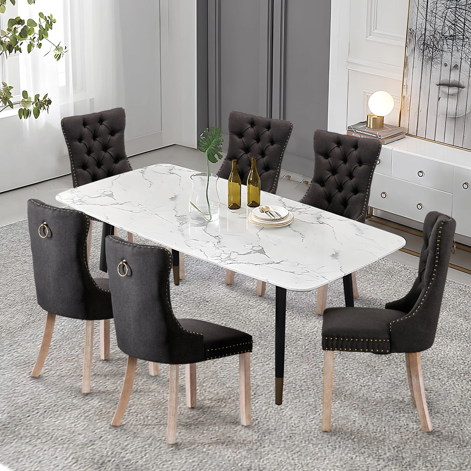 Upholstered Tufted Velvet Dining Chair with Solid Wood Legs Set of 6