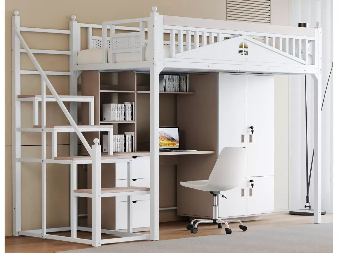 Lit mezzanine en métal 90x200cm - avec échelle modulable - Blanc (matelas non inclus)