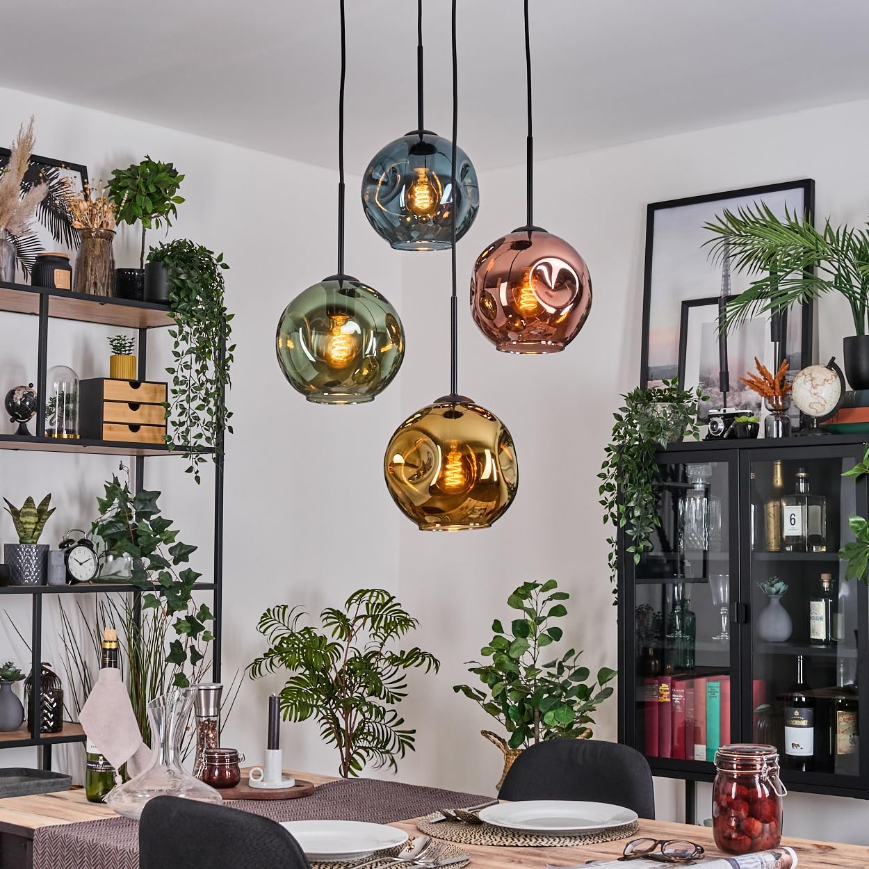HOFSTEIN Hängeleuchte Ripoll, 4-flammige Hängelampe aus Metall/Glas in Schwarz/Blau/Grün/Gold/Kupfer, moderne Pendelleuchte im Retro/Vintage-Design (Schirme Ø 20 cm), E27, Esszimmer, Wohnzimmer, Küche