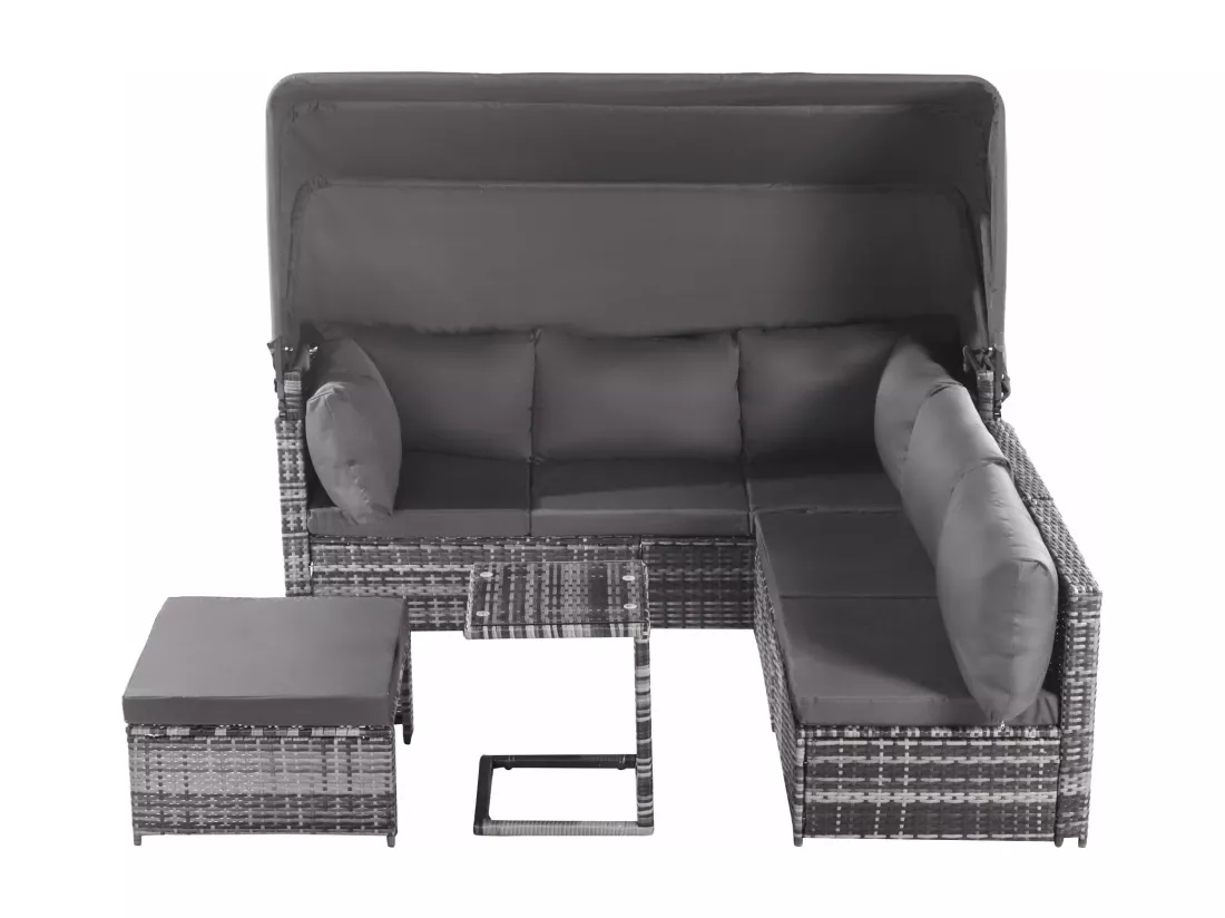 Ensemble salon de jardin en rotin Sunshine Island seat set, canapé avec toit ouvrant, tabourets, fauteuils et table, résistant aux intempéries, gris
