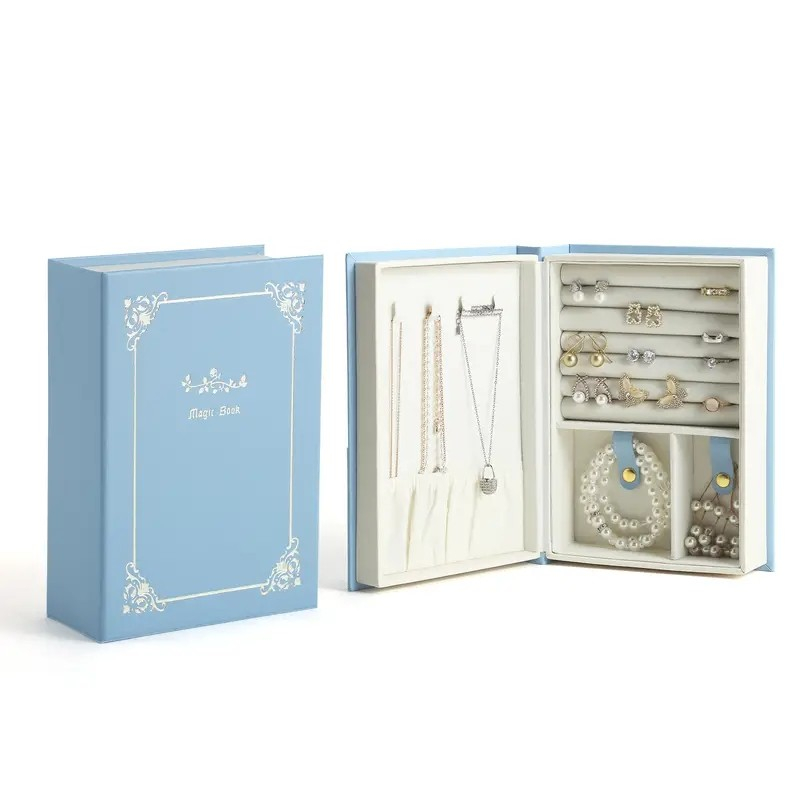 (15x21cm) Leder Schmuckschatulle Aufbewahrungsbox Organizer für Ringe / Ohrringe / Armbänder mit Magnetverschluss - Blau / Beige