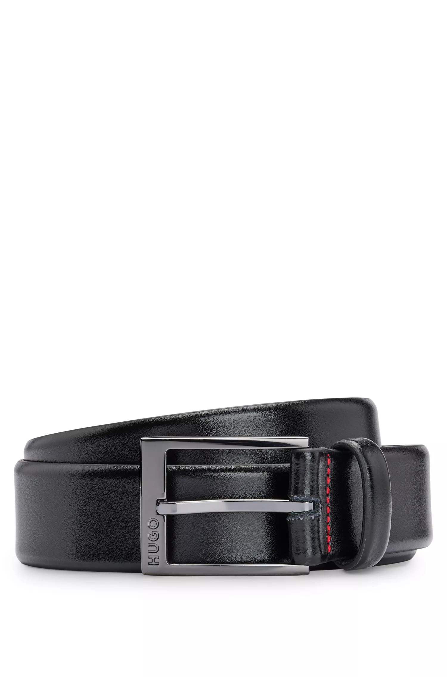 Cinto HUGO em couro italiano vermelho com detalhes em metal polido cor de chumbo.