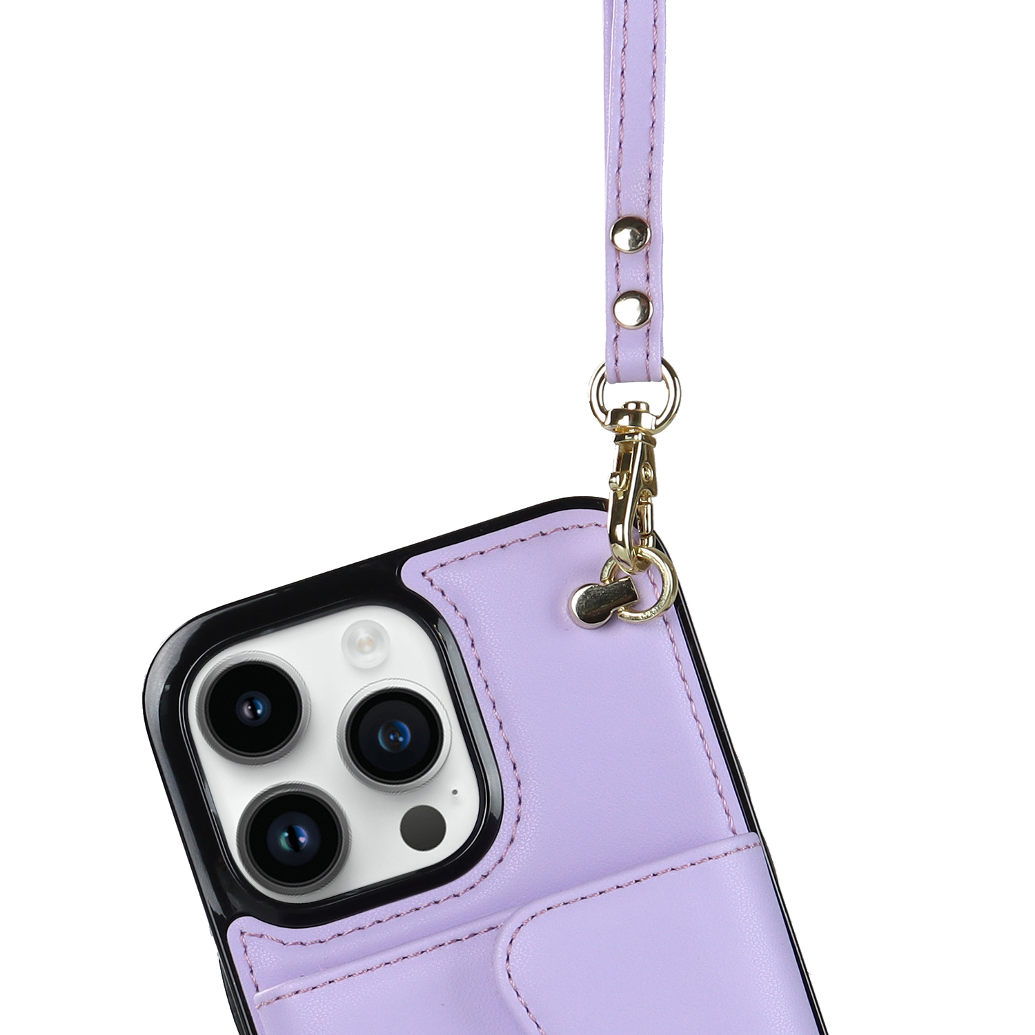 iPhone 12 / iPhone 12 Pro Necklace Leder Schutz Hülle mit Kartenfach   Handykette (140cm) - Lila