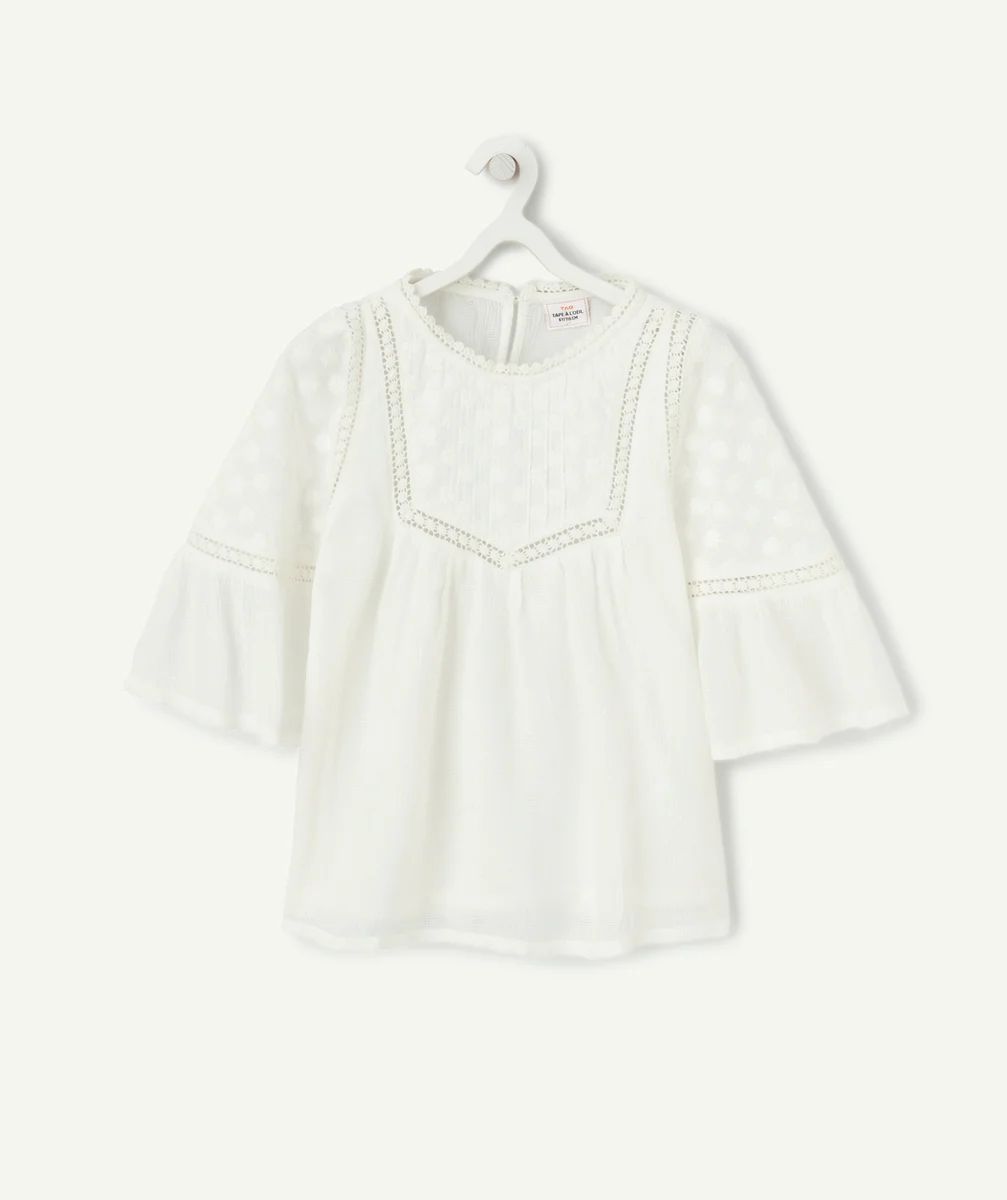BLOUSE MANCHES 3/4 FILLE BLANCHE AJOURÉ ET BRODERIES FLEURS