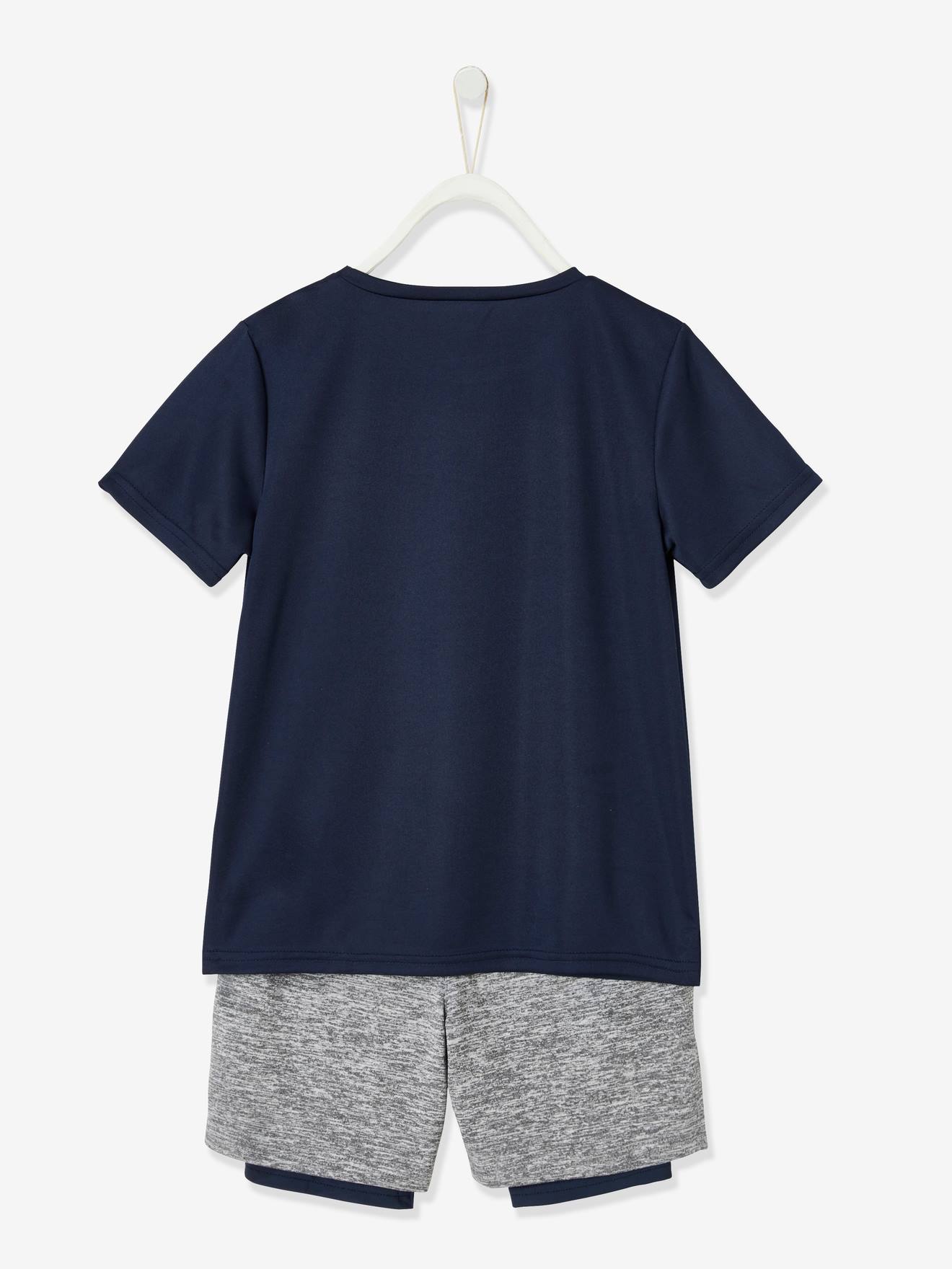 Conjunto esportivo 2 em 1 para meninos, azul escuro liso com estampas.