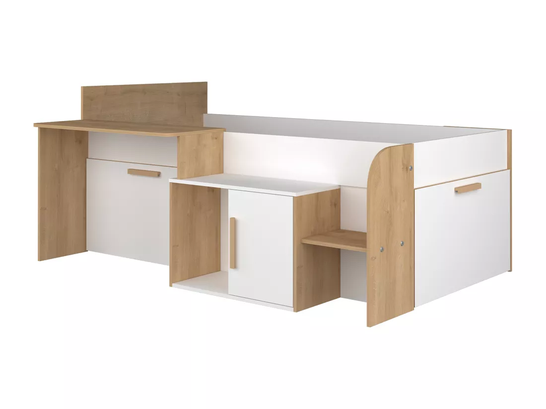 Lit combiné 90 x 200 cm avec bureau et rangements - Coloris : Blanc et naturel - PEDRO