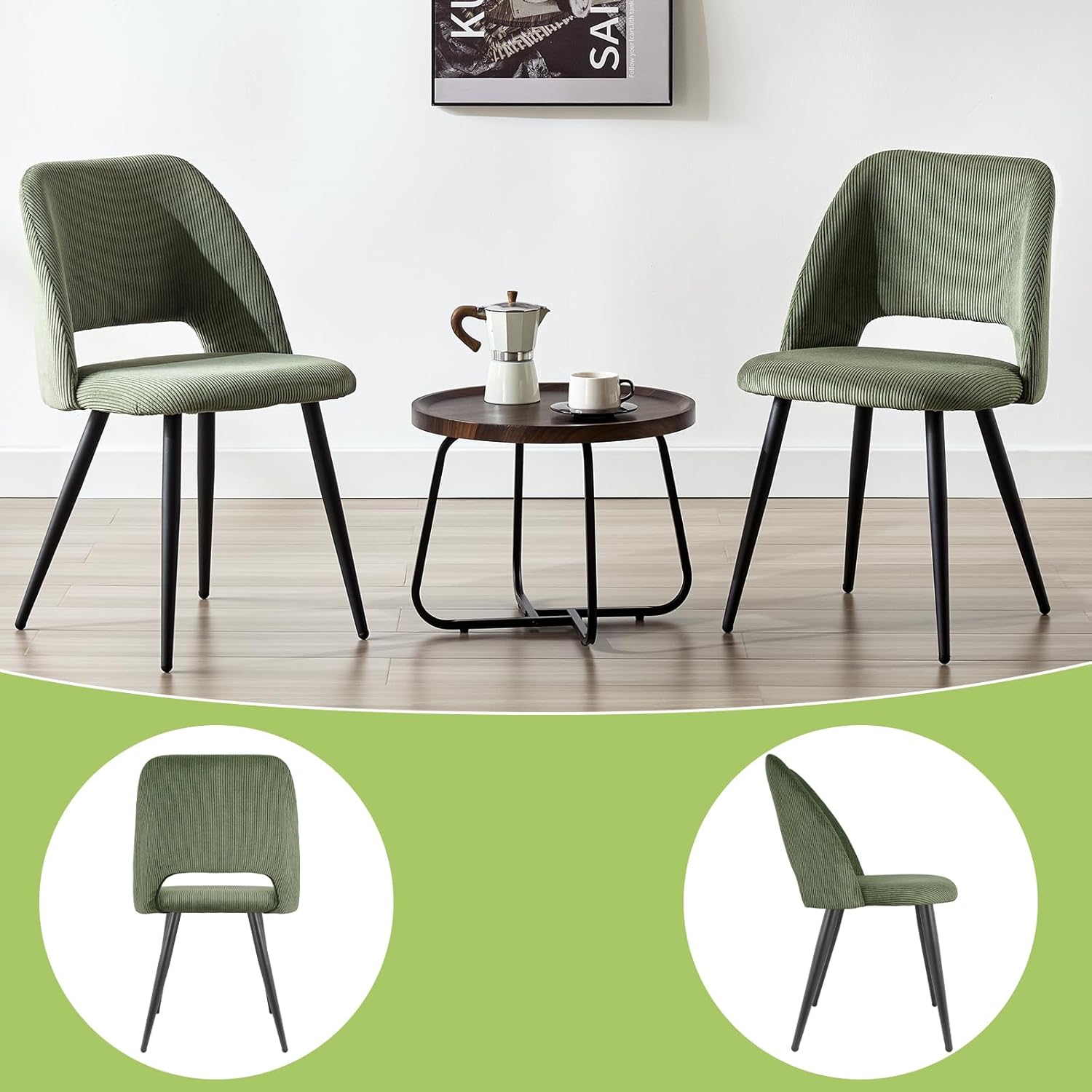 Esszimmerstühle 2er Set, Kordsamt Stuhl Mit Dickem Cord-Schwamm Gepolsterter, Esstischstühle mit Separaten Metallbeinen, für Esszimmer, Wohnzimmer, Schlafzimmer und Empfang, Grün