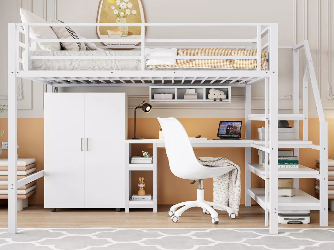 Lit mezzanine 140x200 cm en métal - avec bureau、penderie et échelle de rangement - Blanc