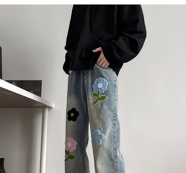 ROOSE - Mid Rise Washed Flower Wide Leg Jeans