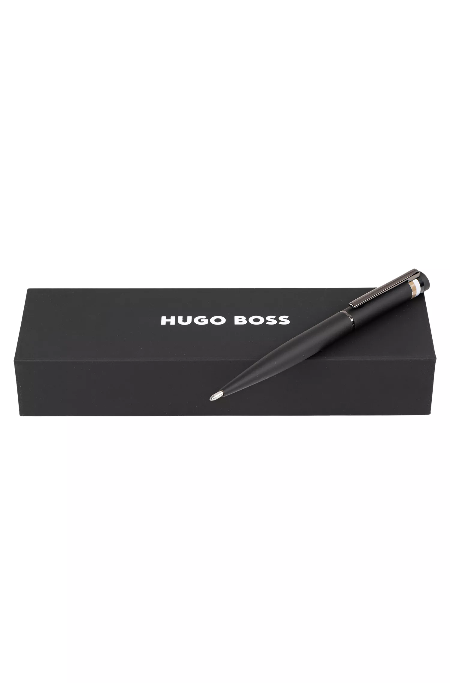 Caneta esferográfica BOSS preta com detalhe de faixa exclusiva.