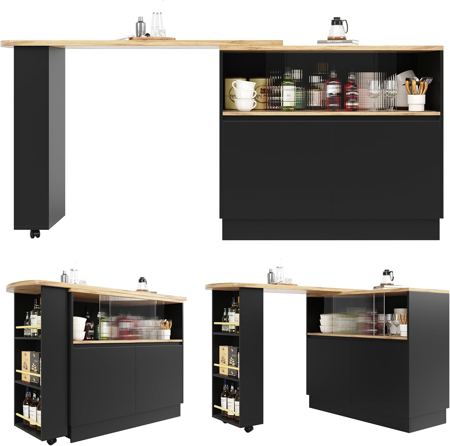 Azkoeesy Bartisch Esstisch 360° drehbare mit Stauraum, 90 x 45 x 100-165 cm, mit Rollen, Seitenregal, Schiebetüren aus Glas, Stehtisch/Bistrotisch/Hochtisch/Kücheninsel, schwarz
