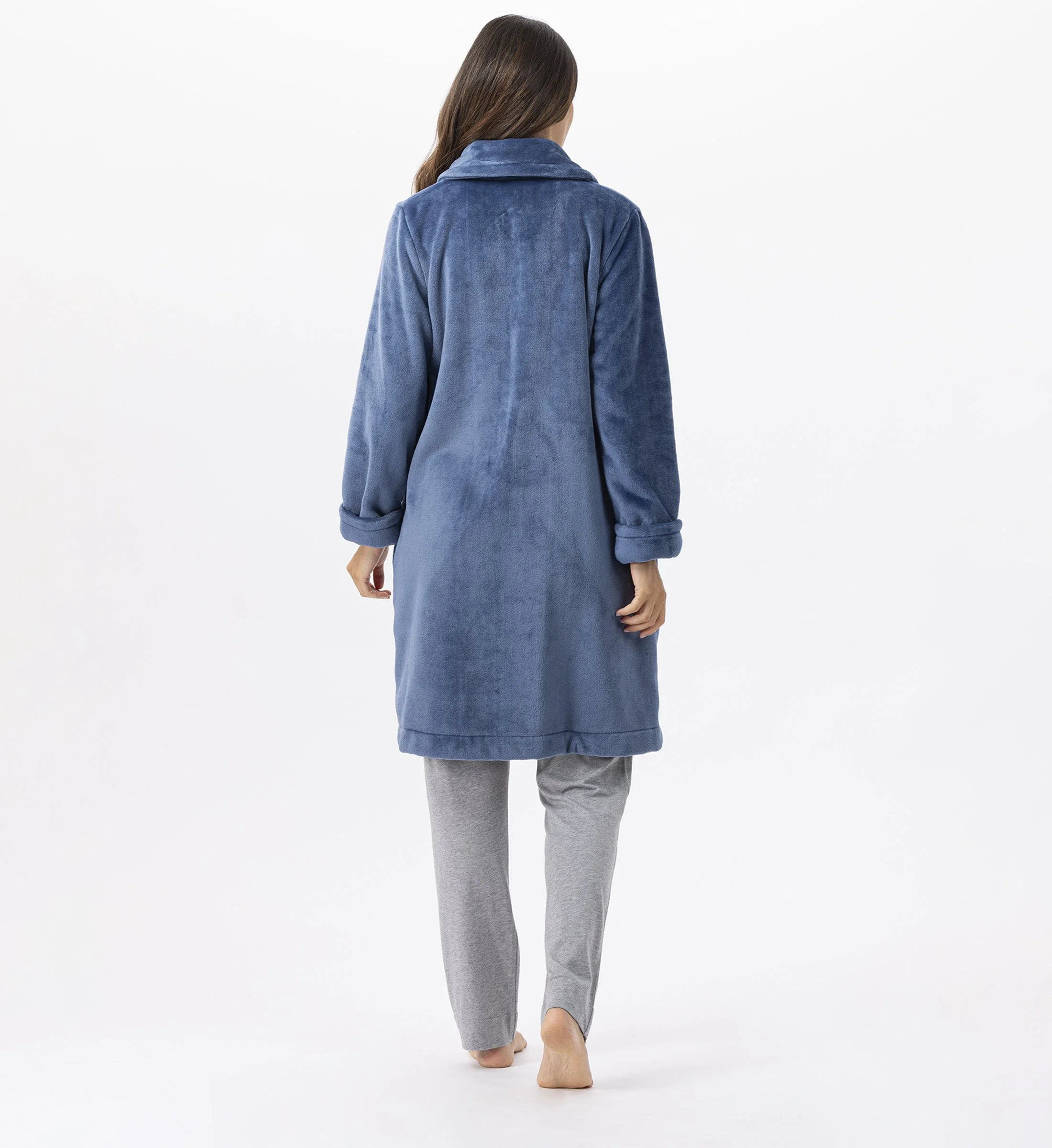 ESSENTIEL H56B - Robe de chambre zipée en peluche flanelle | Bleu