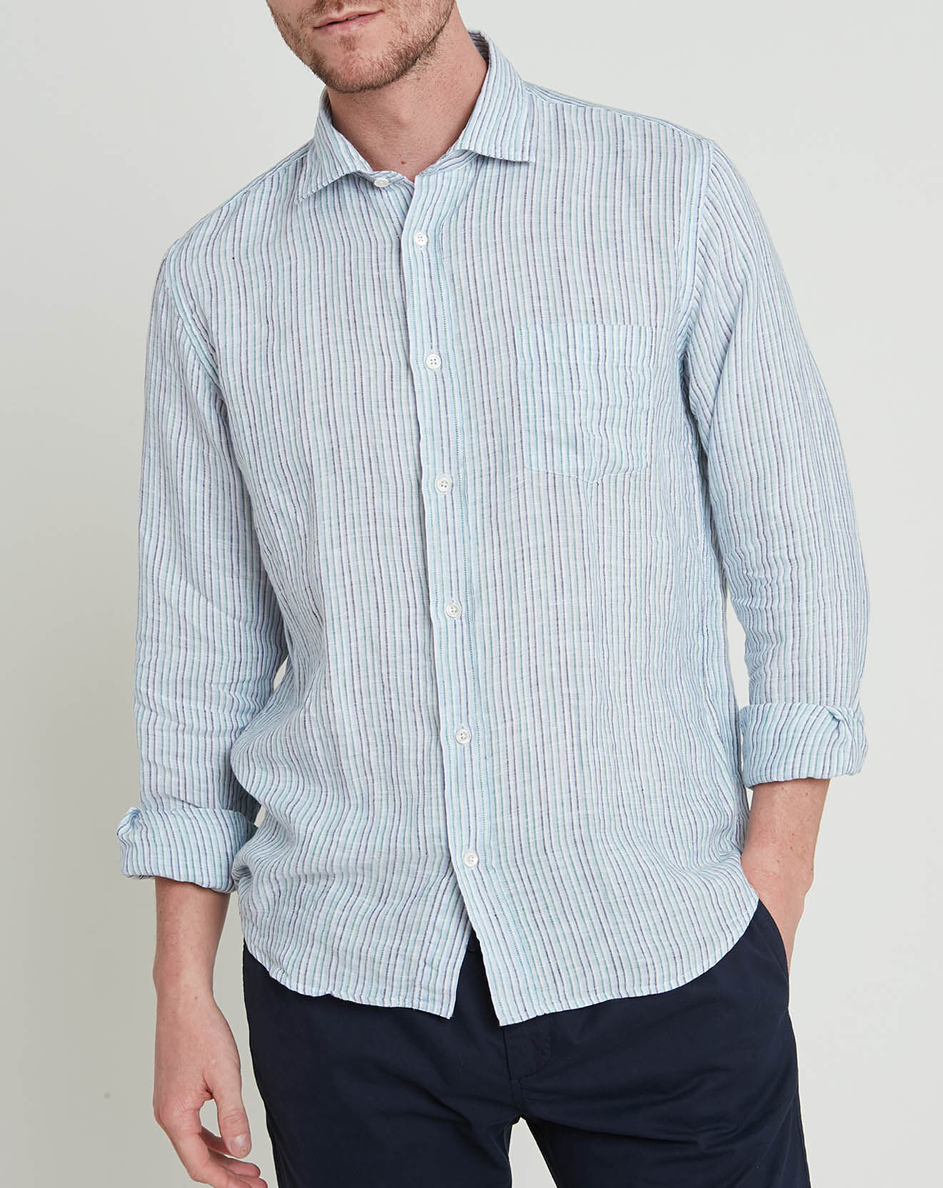 Hartford Chemise 100% Lin regular Paul à rayures vert/noir