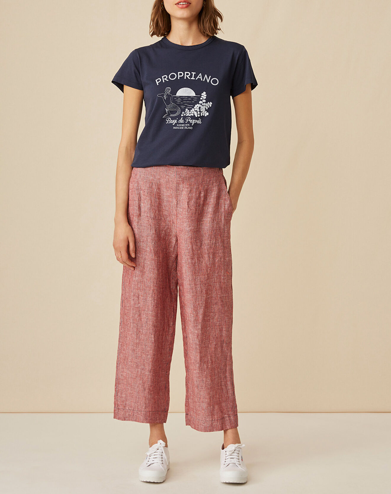 Harris Wilson Pantalon 100% Lin Emmos rayé marine/géranium