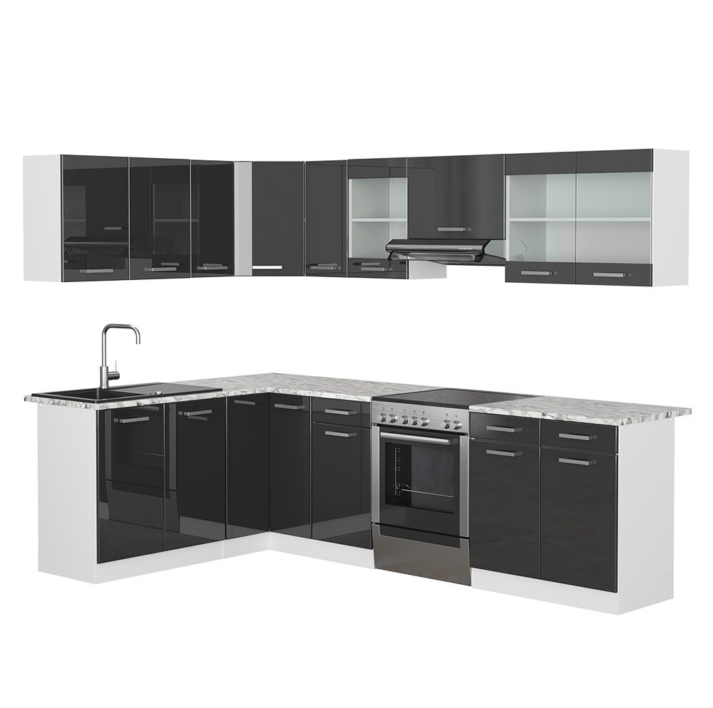 Vicco Eckküche Küchenblock Einbauküche Rick Weiß Anthrazit Hochglanz 270 cm modern Küchen Schränke Spülenunterschrank Eck-Unterschrank Eck-Hängeschrank Arbeitsplatte Küchenmöbel Küchenzeile L-Küche