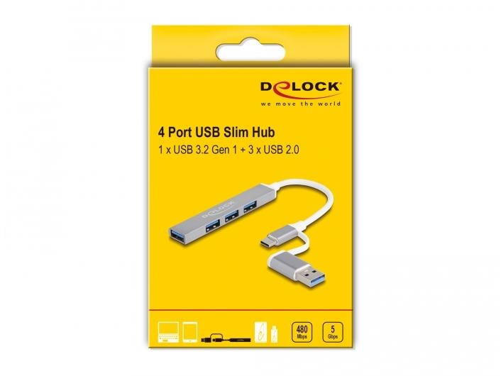 Delock USB-Hub USB – C / USB – A zu 3x USB 2.0    1x USB 5 Delock 4 Port Slim USB Hub mit USB Type-C oder USB Typ-A zu 3x USB 2.0 Typ-A Buchse   1x USB 5 Gbps Typ-A Buchse