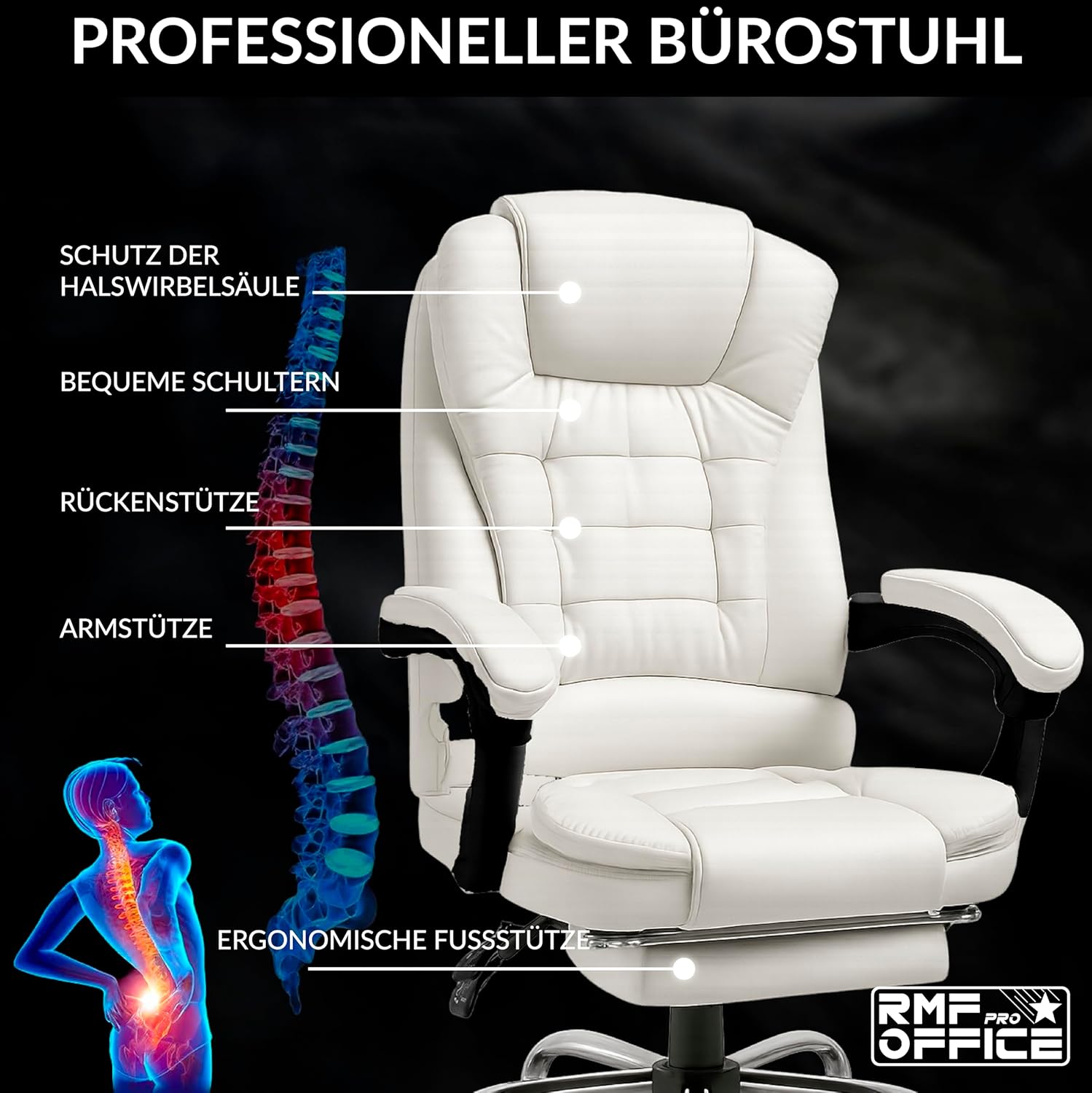 RMF Ergonomischer Professioneller Bürostuhl, Neigbar Bequemer und Entspannender Schreibtischstuhl mit Fußstütze – Relaxsessel mit drehbaren Rollen, Höhenverstellbar, Weiß