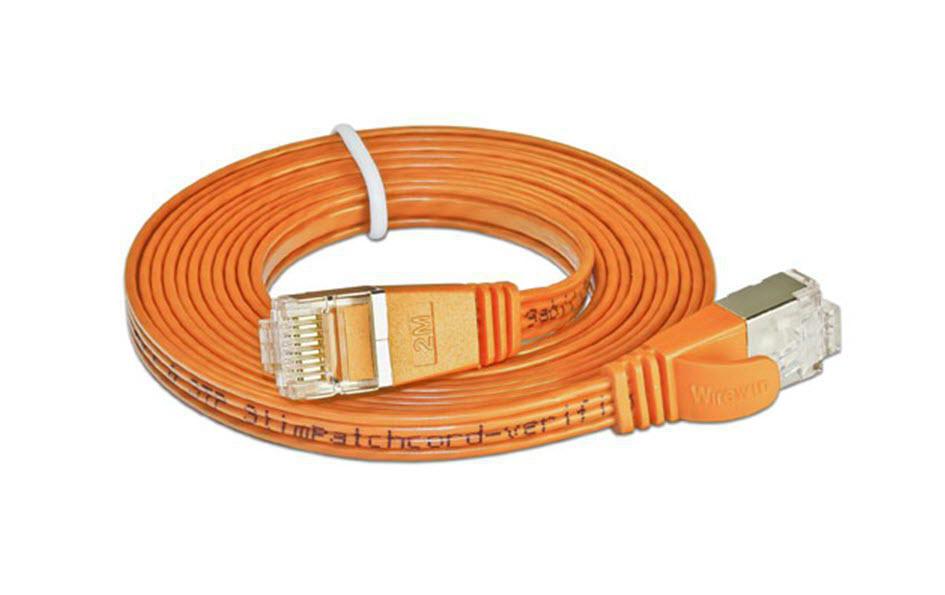 Slimpatchkabel RJ-45 - RJ-45, Cat 6, STP, 0.15 m, OrangeGeschirmtes Twisted-Pair-Kabel (STP) mit Klinkenschutz