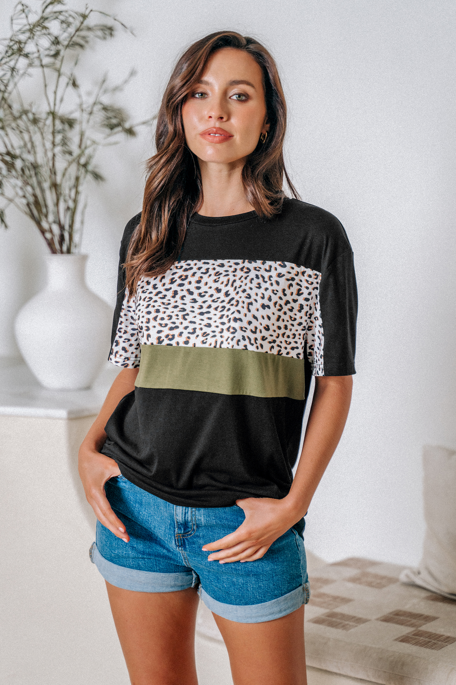 T-shirt en jersey avec manches courtes à imprimé léopard