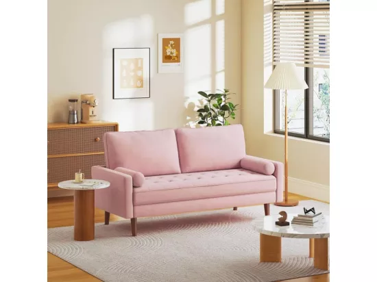 Canapé 3 places en tissu Lin rose - Scandinave - avec 2 Oreillers et Accoudoirs - Pieds bois massif - 173x77x84cm