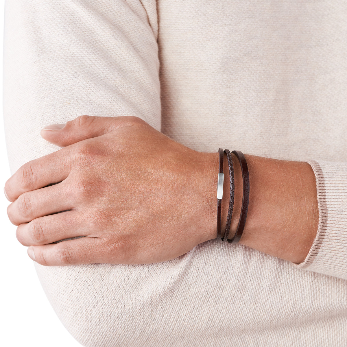 Bracelet FOSSIL acier cuir marron multi-rangs 19,5 cm