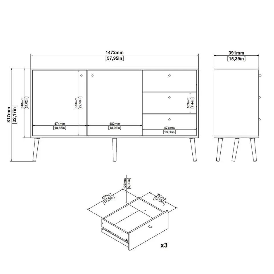 Hioshop Bodo dressoir 2 deuren- 3 lades wit