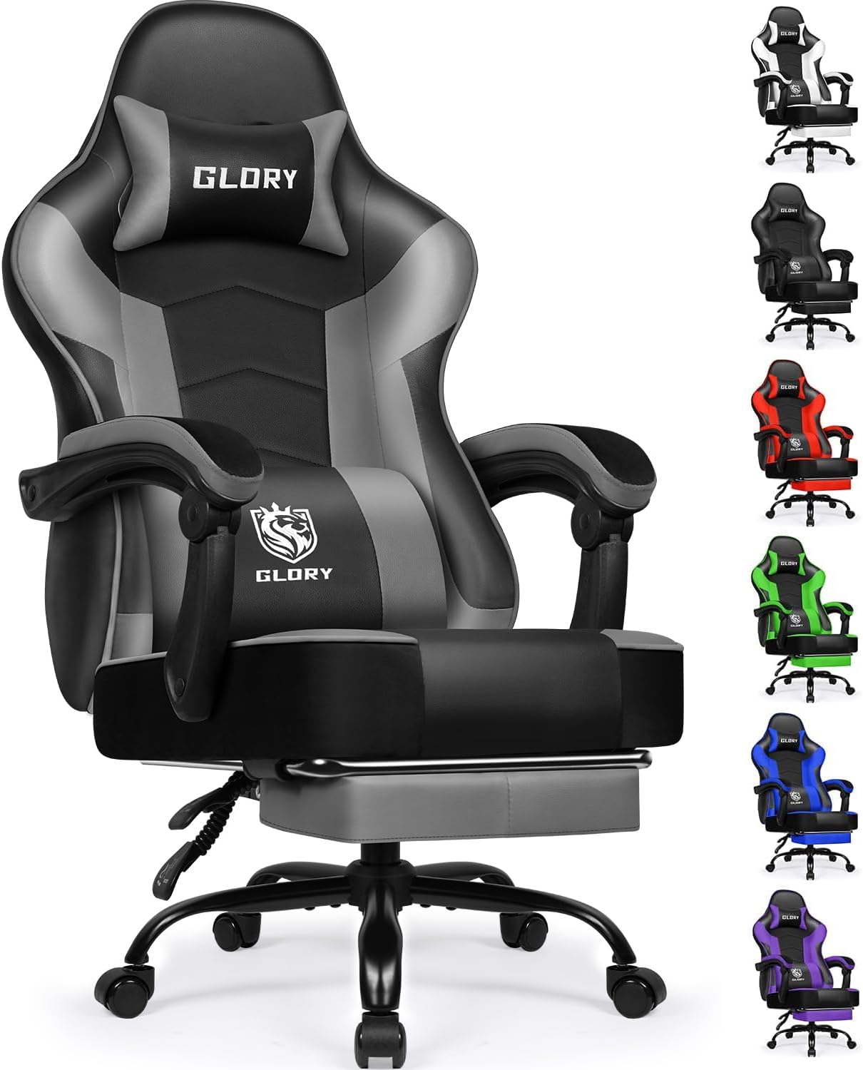 Gaming Stuhl Ergonomischer mit Fußstütze, Gaming Chair Bürostuhl 150 kg Belastbarkeit, Gamer Stuhl aus Kunstleder, Höhenverstellbarer PC Zockerstuhl für Jugendliche Erwachsene, Grau