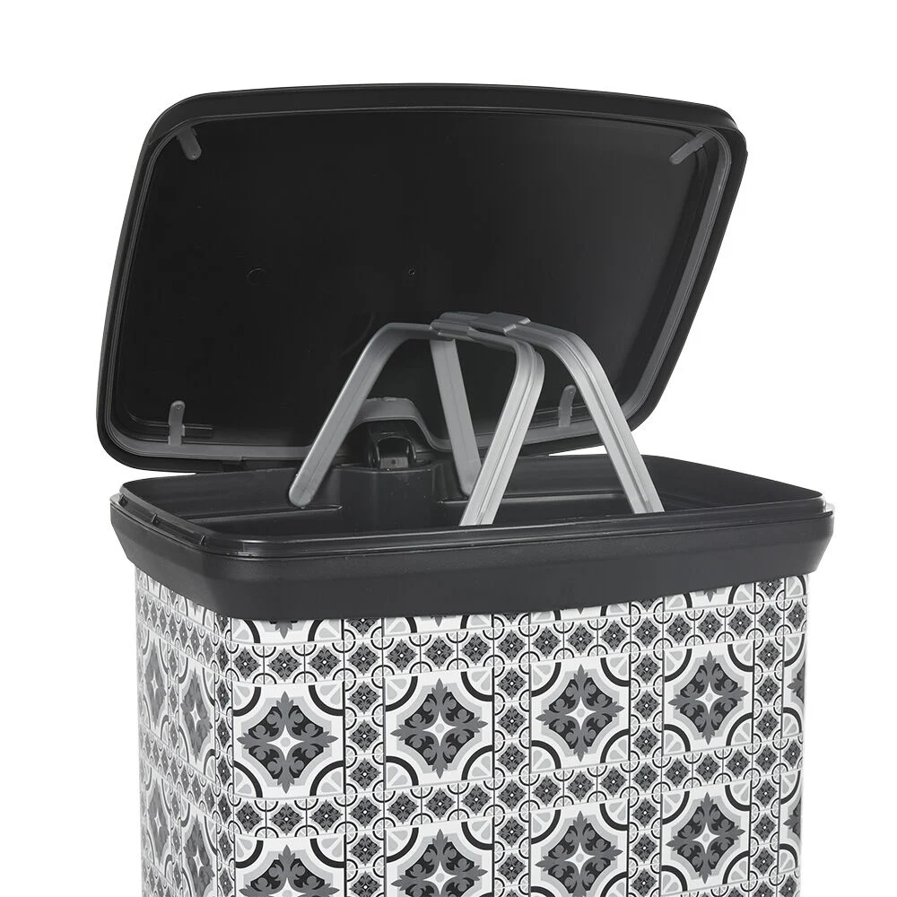 Poubelle à pédale motif carreau de ciment gris et blanc 50 L
