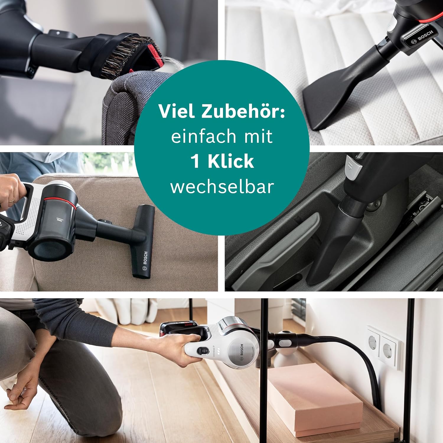 Bosch Akku-Staubsauger Unlimited 7 BSS711W, kabelloser Handstaubsauger, beutellos, Wechselakku, Knickrohr, Hygiene-Filter, 10 Jahre Motorgarantie, XXL-Polsterdüse, LED-Beleuchtung, Turbostufe, weiß