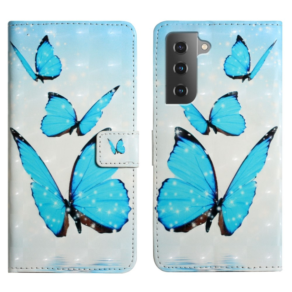 Samsung Galaxy S22 5G Leder Tasche mit Kartenfächern - Schmetterlinge (Blau)