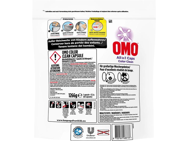 Omo Waschmittel Kapseln Color Clean 60 Stück Colorwaschmittel-Kapseln für saubere Wäsche