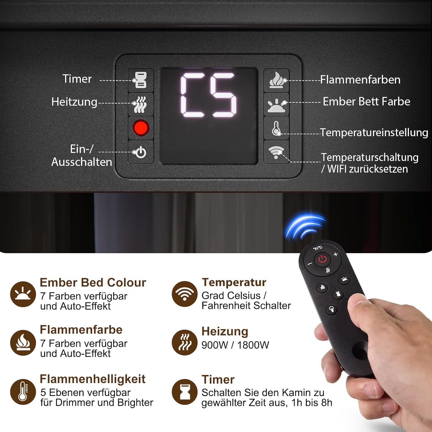 INMOZATA Elektrokamin mit Heizung Panorama-Sichtfenster Elektrischer Kamin mit 8 LED Flammeneffekt und Ember Bett Effekt, WiFi APP 900/1800W Kaminfeuer Elektrisch mit 45° Kippschutz & Thermostat