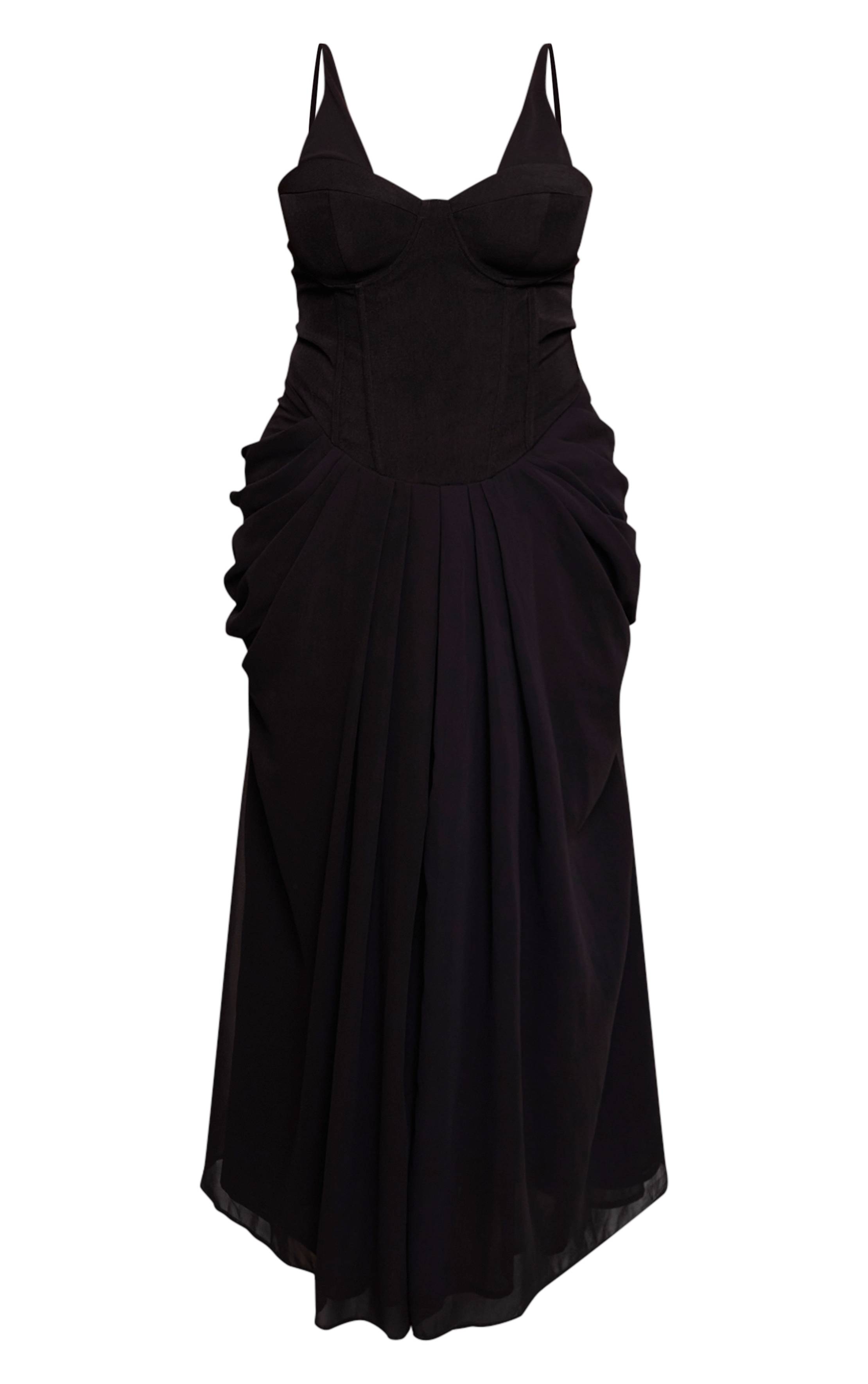 Noir Robe Midi Corset Grande Taille Avec Détails Drapés En Mousseline