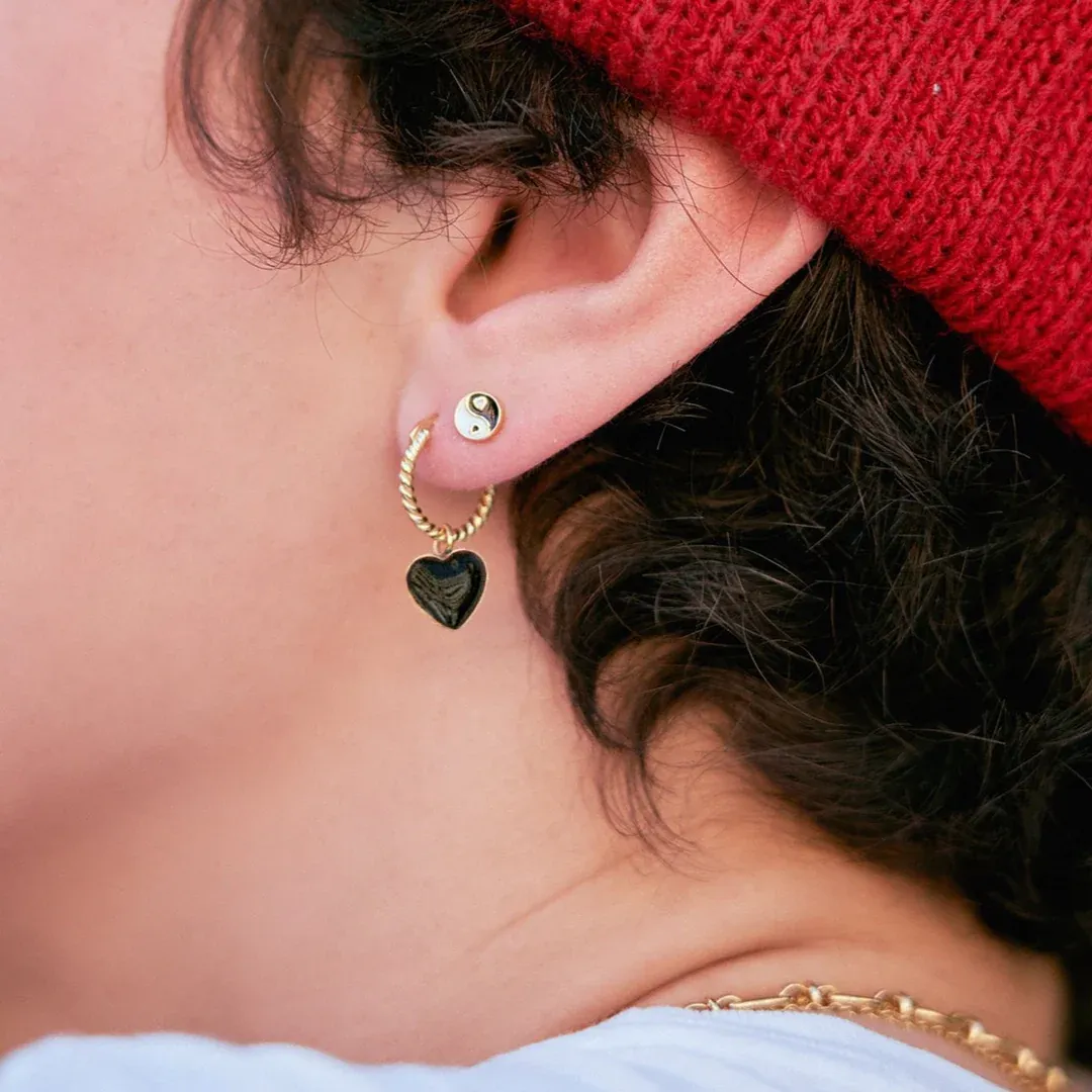 Boucle d'Oreille Or Corde Coeur Noir Wilhelmina Garcia