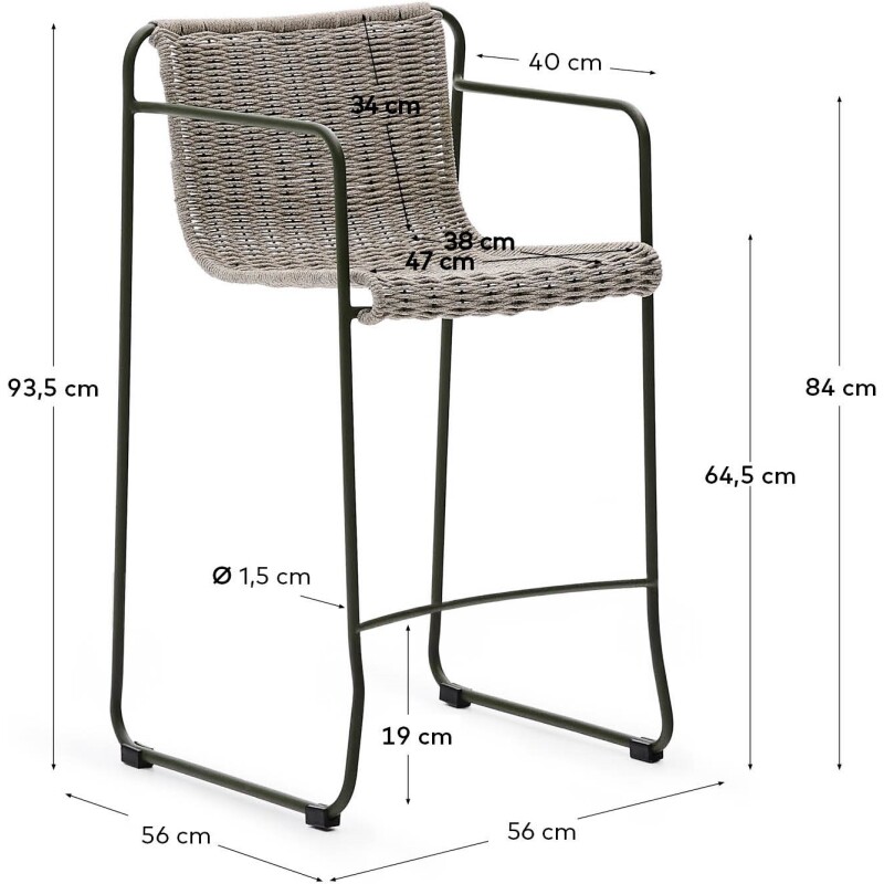Tabouret Maurina en acier galvanisé vert et corde écrue et grise 64,5 cm