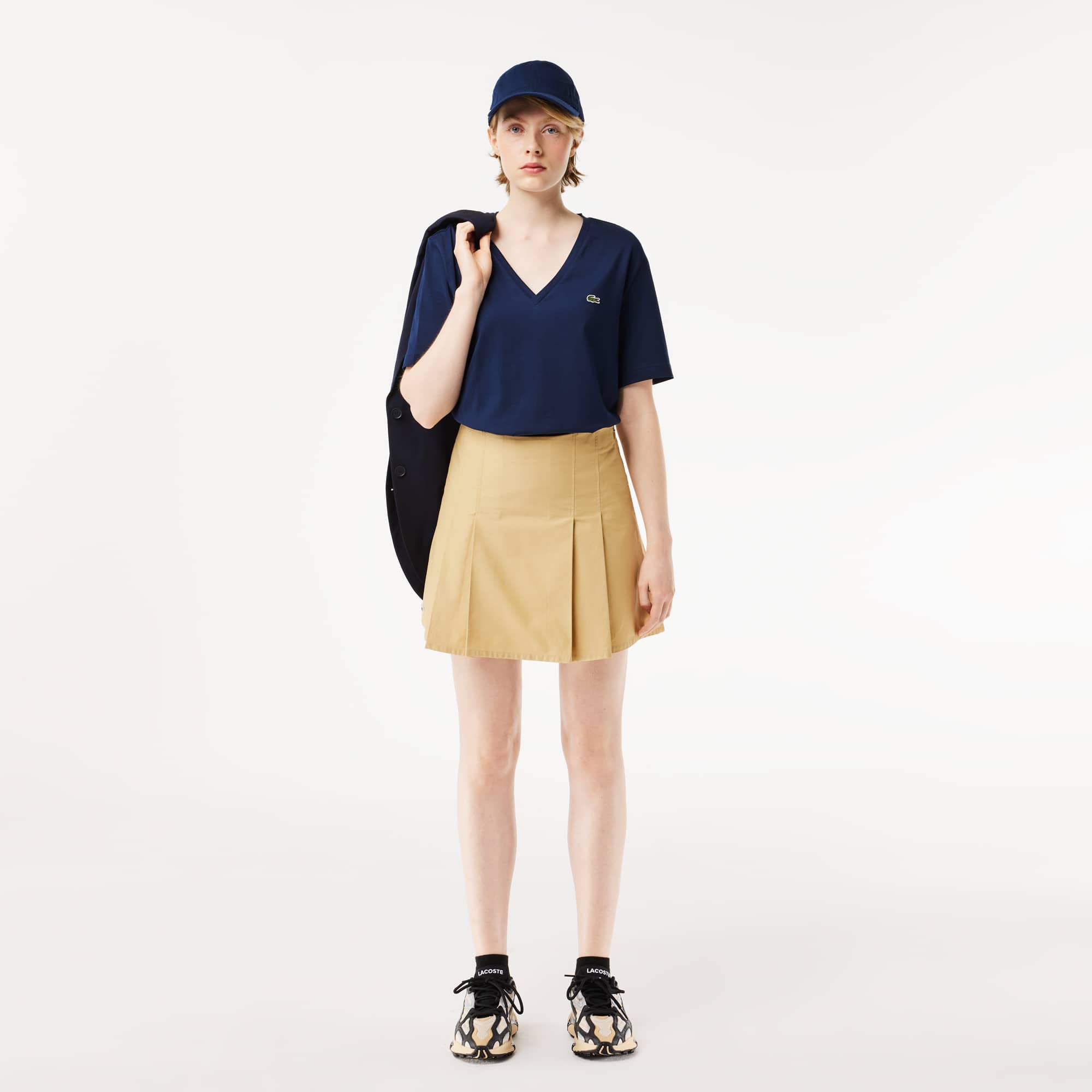 T-shirt relaxed fit en jersey de coton doux col V T-Shirts - Bleu - Lacoste - Femme