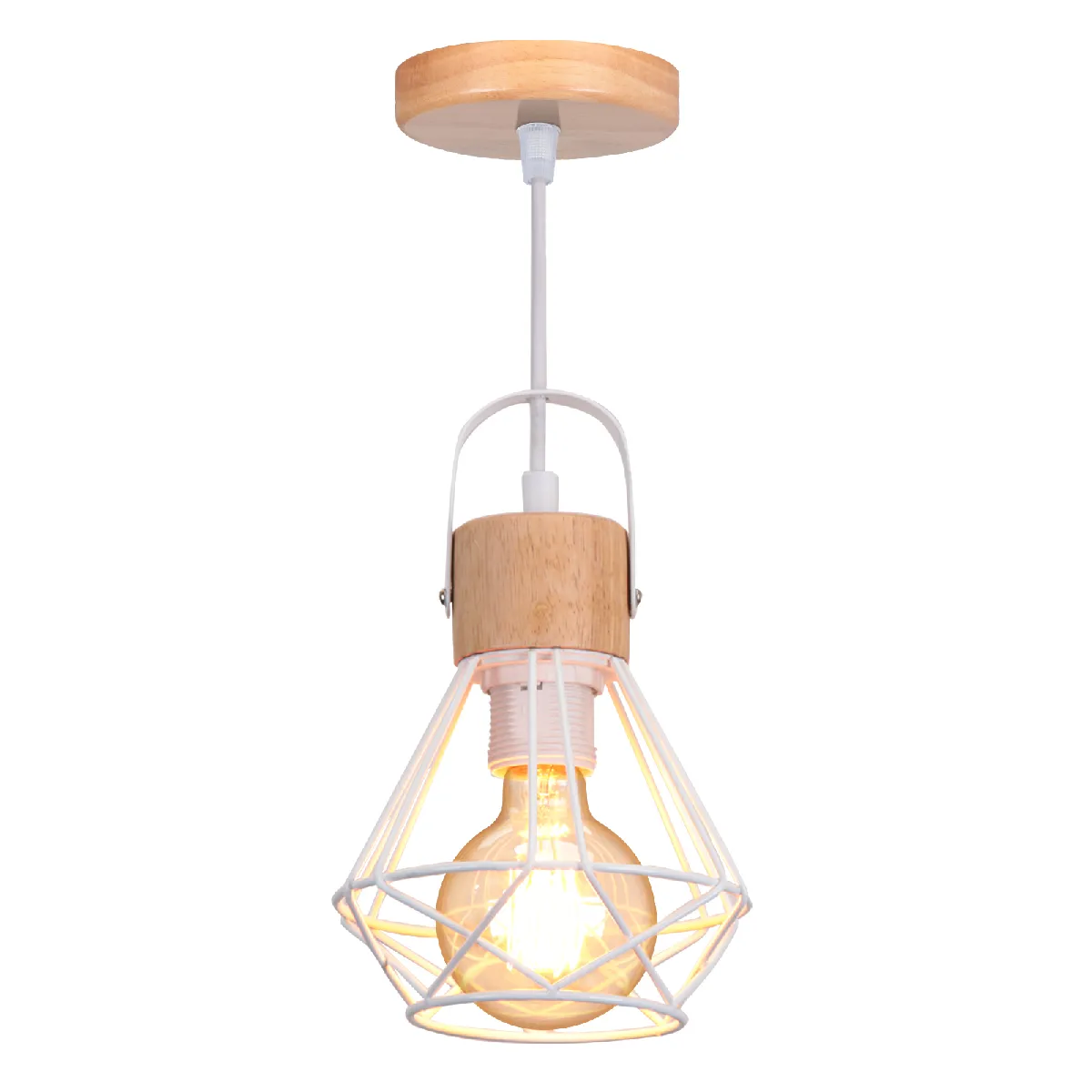 Stoex Suspension Luminaire Rétro Lampe À Suspension Vintage Plafonnier D'Intérieur Moderne en Métal Et en Bois Blanc