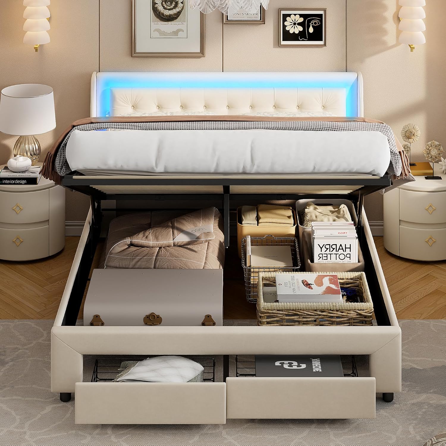 Bett 180x200 cm mit Stauraum und LED-Beleuchtung, Doppelbett mit Schublade, Hydraulisches Stauraumbett, Polsterbett, Lattenrost, Jugendbett, Beige Samt
