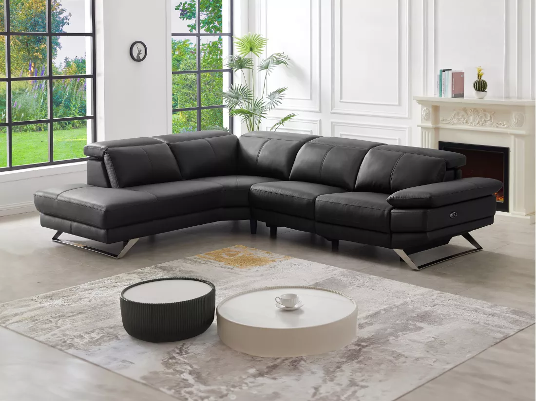 Canapé d'angle gauche relax électrique en cuir de vachette noir PUNO II
