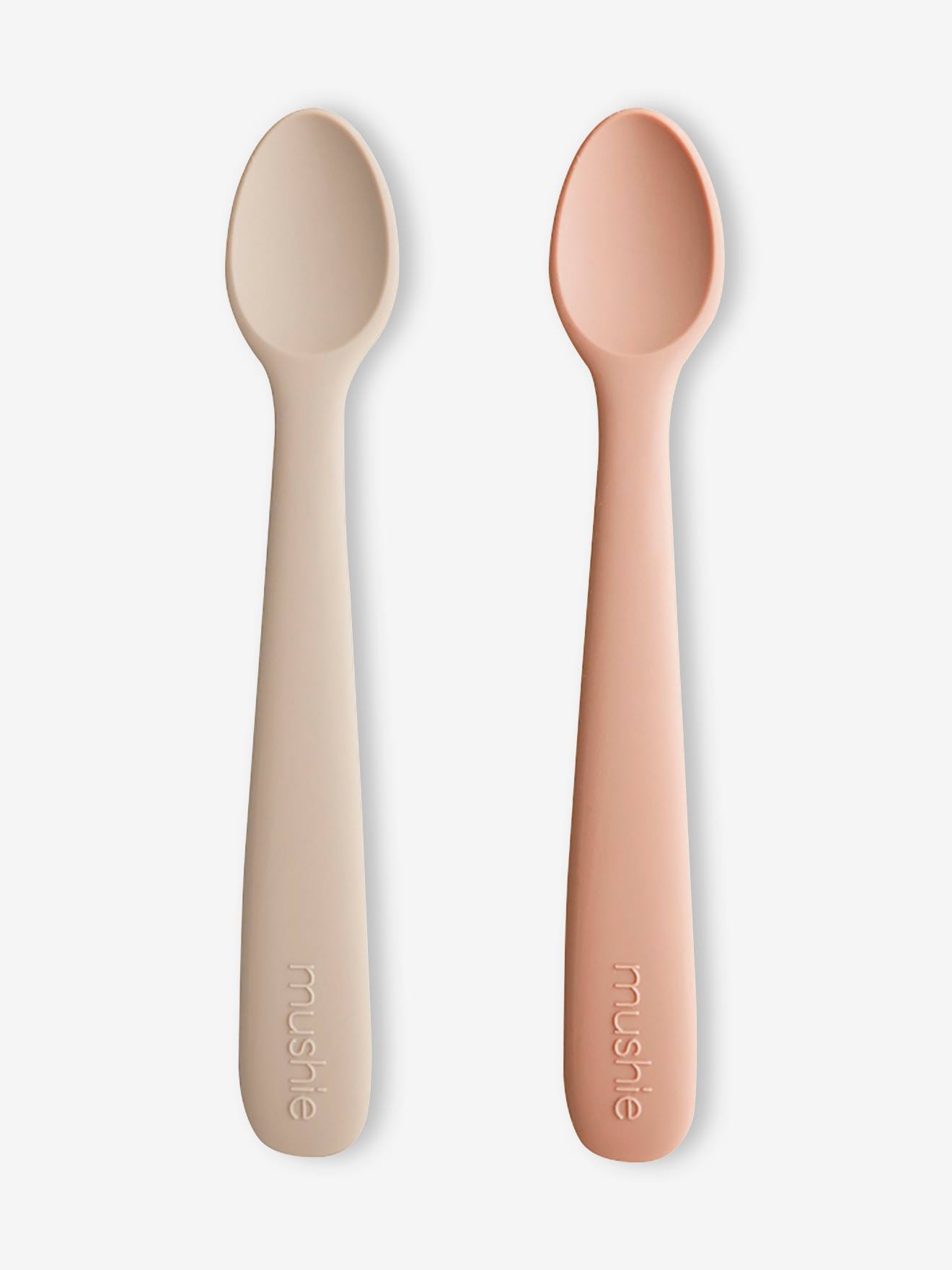 Conjunto de 2 colheres de silicone cor malva MUSHIE para bebês de 1 ano.