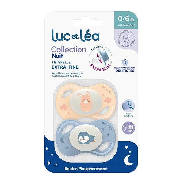 Luc et Léa Collection 2 Sucettes Nuit Anatomique Tétine Extra-slim 0-6 mois Pingouin Lapin