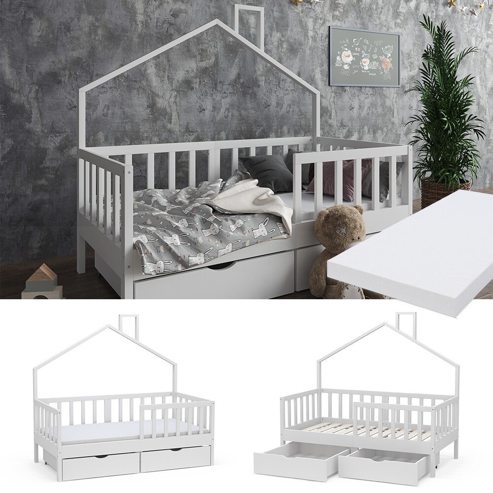 Vicco Hausbett Kinderbett Justus Weiß 70 x 140 cm mit Schublade & Matratze