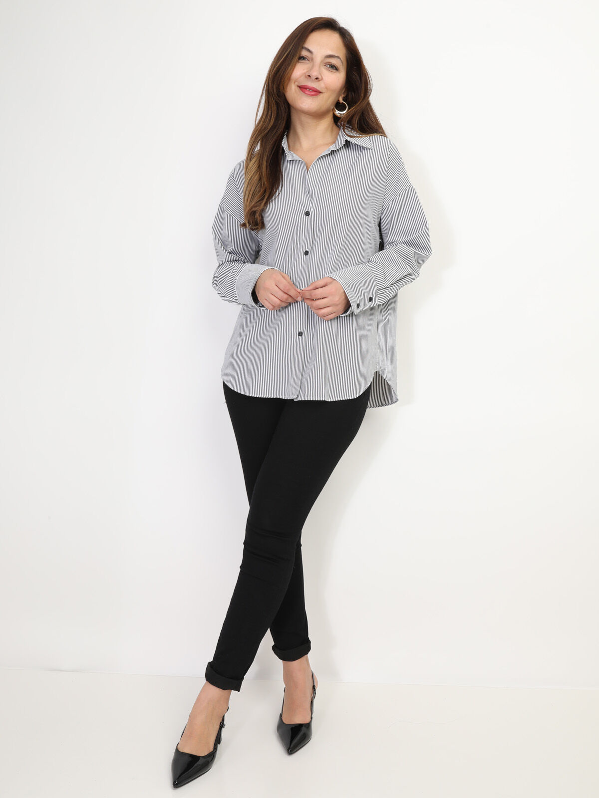 Chemise oversize à fines rayures- Noir