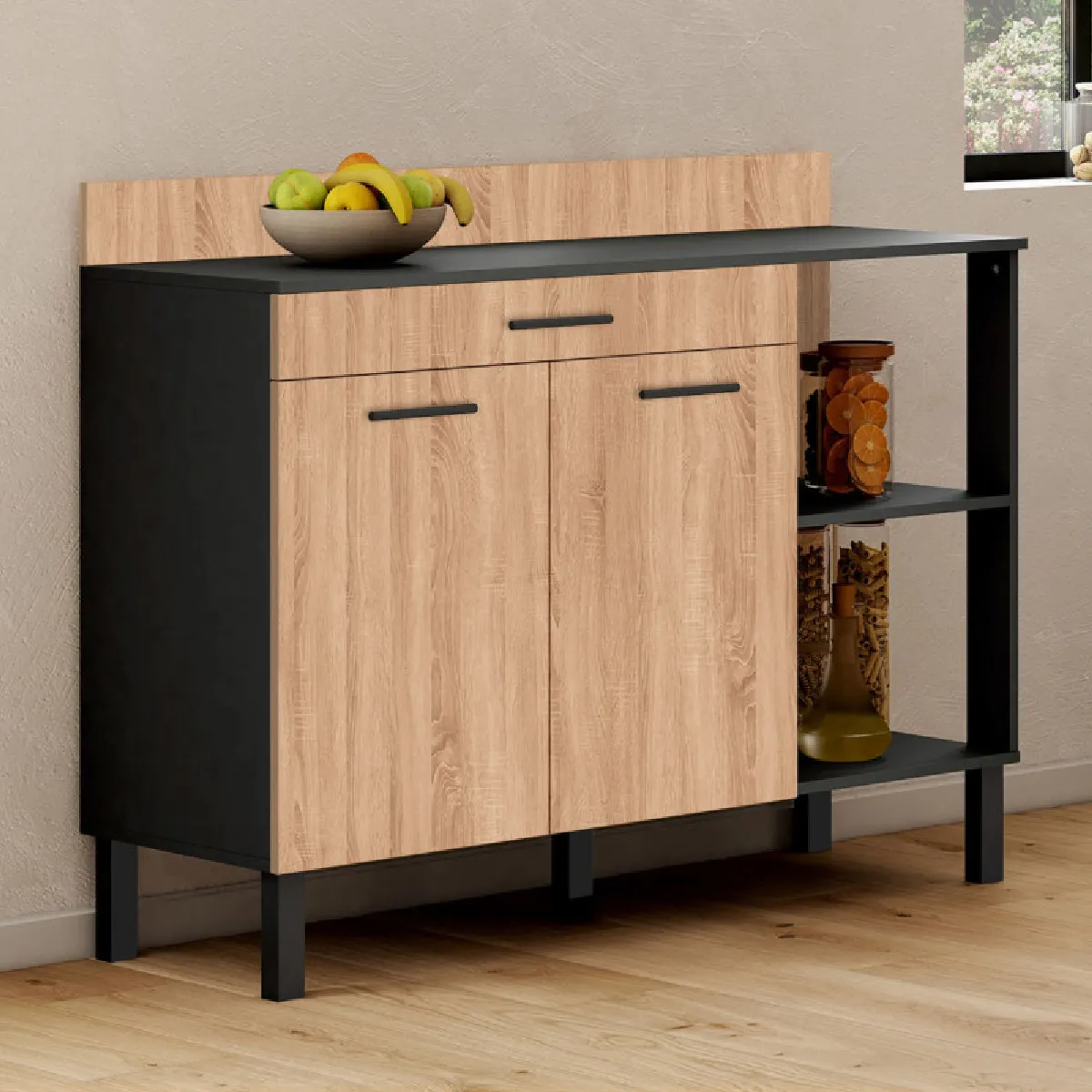 Idmarket Buffet CINA 120 cm Noir et Hêtre